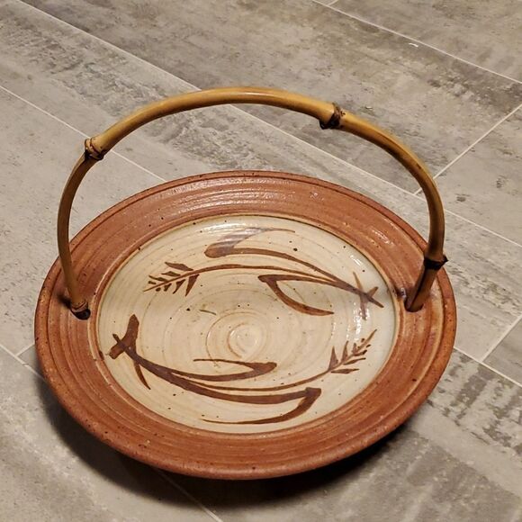 Handcrafted Clay Bowl w/Bamboo Handle - Picture 1 of 4